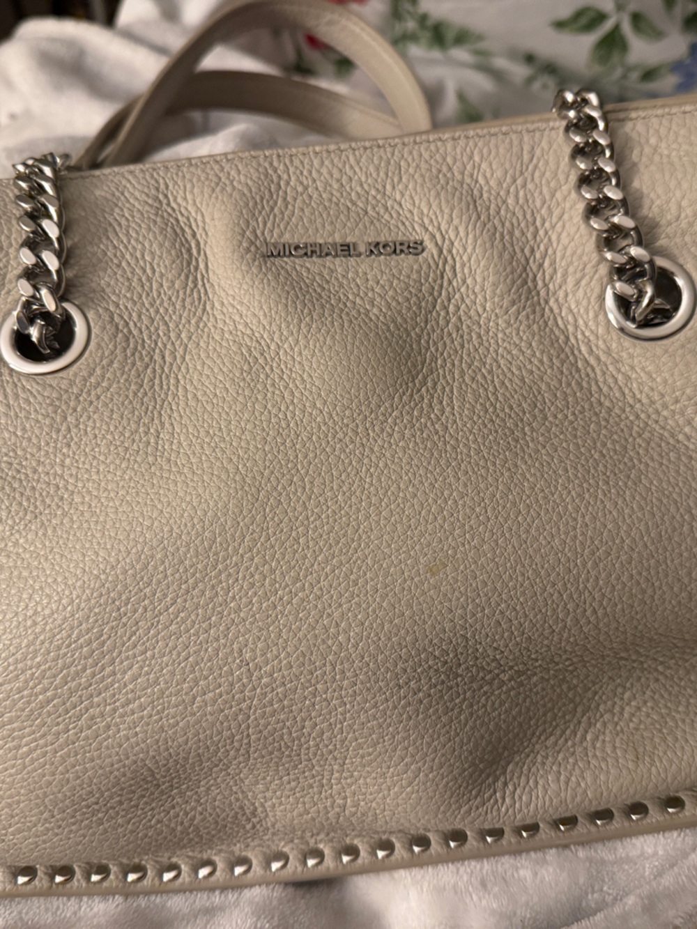 Michael Kors Cream Leather Tote with Silver Chain Handles